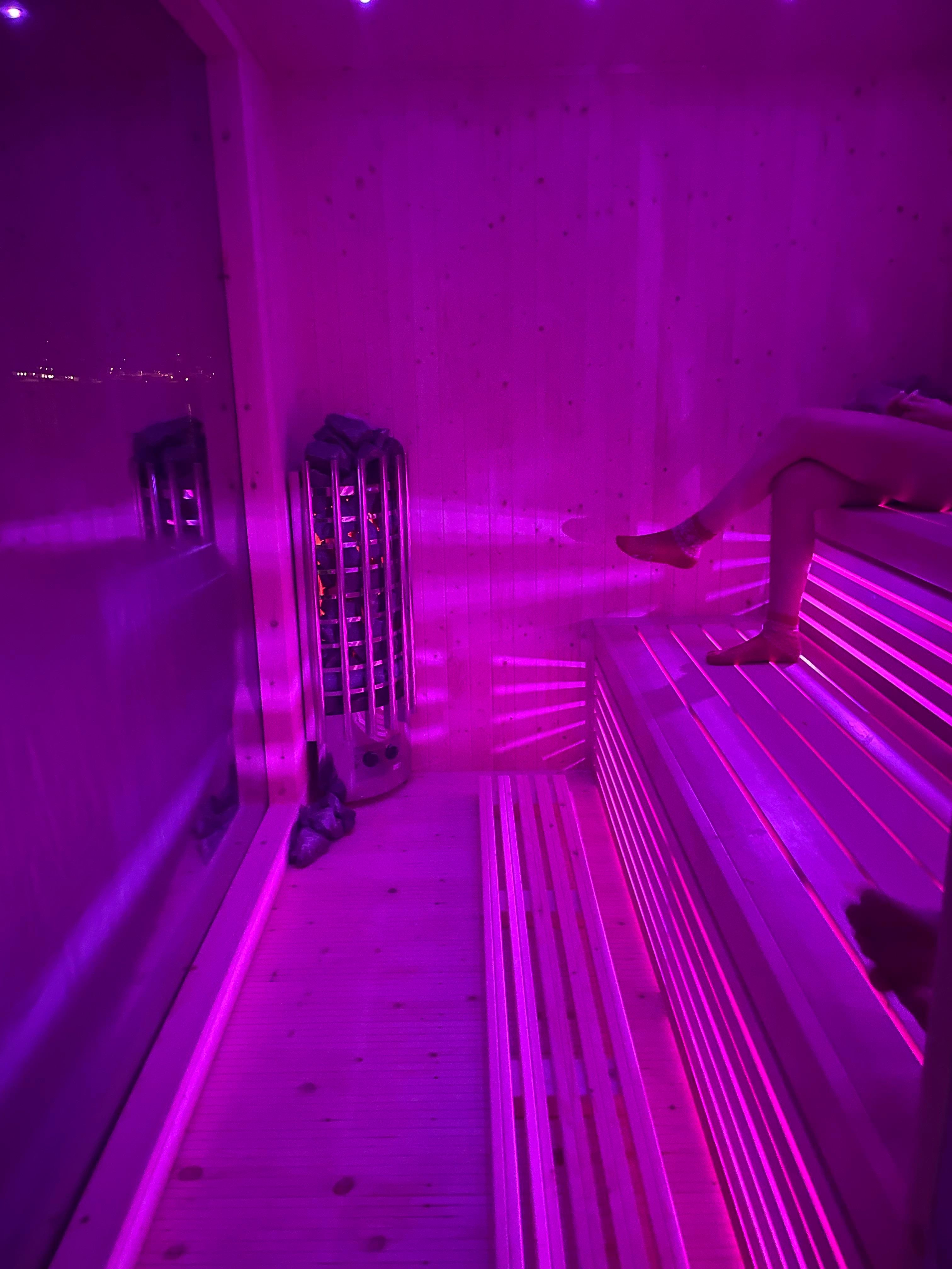 Luxurious sauna with atmospheric lighting and panoramic fjord views.