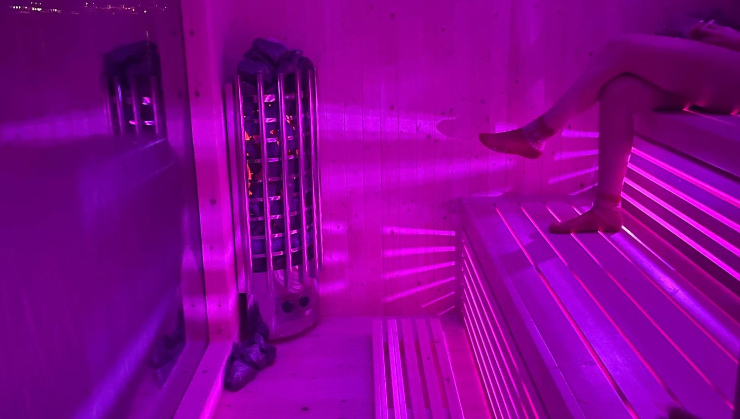 Luxurious sauna with atmospheric lighting and panoramic fjord views.