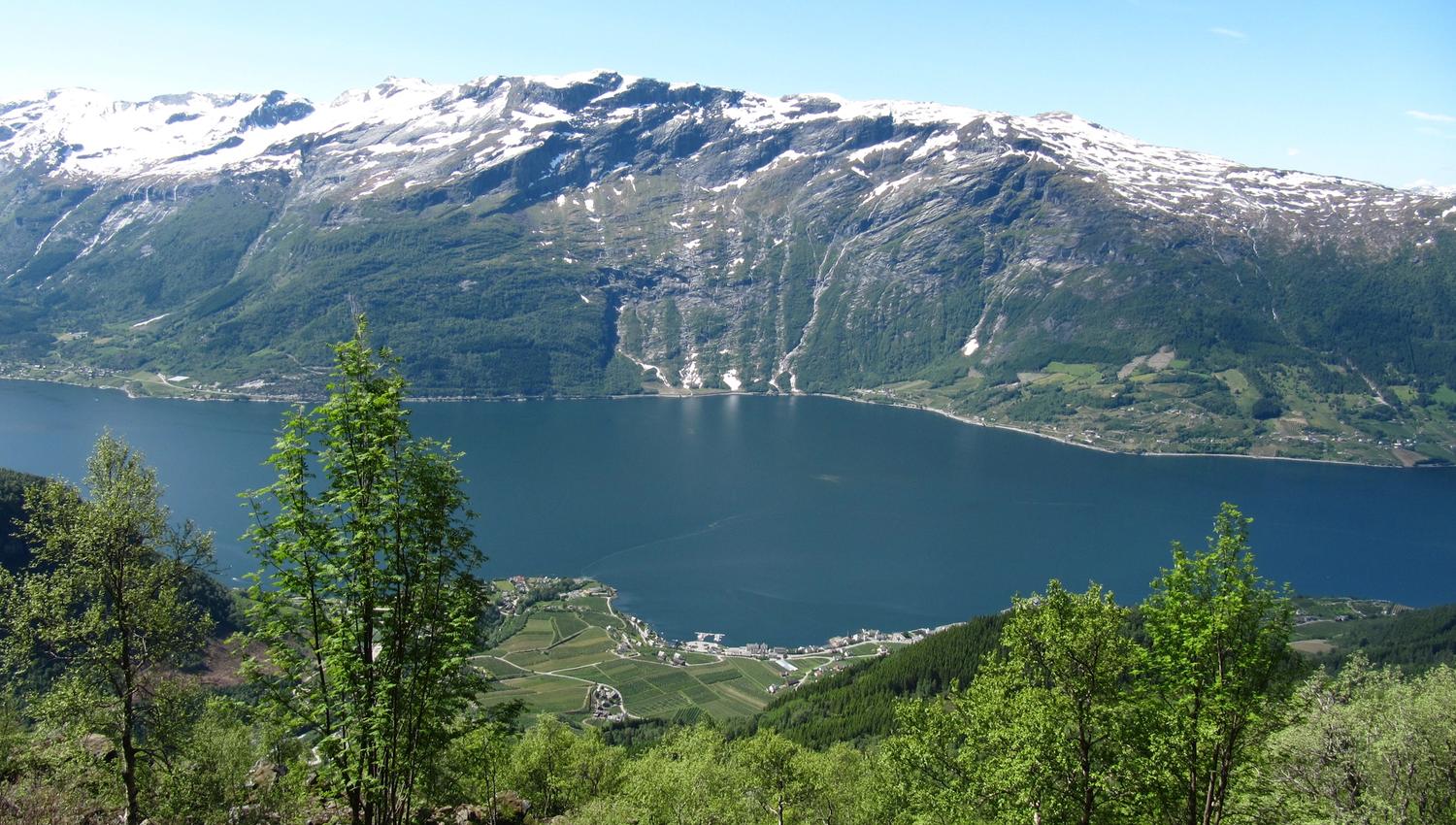 View from the Monk’s Steps at Lofthus overlooking the Hardangerfjord and snow-capped mountains across the water.
