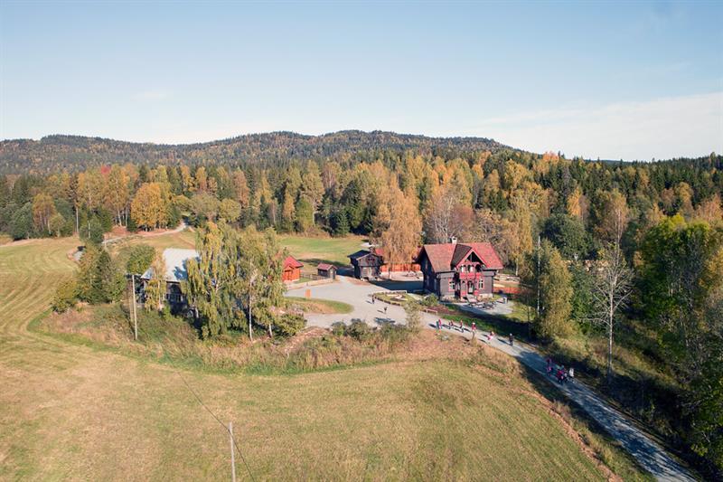 Gården med skog rundt sett fra fugleperspektiv.