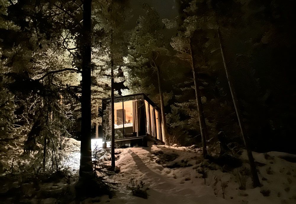 cabin from Spegle in the forest on a winter's evening
