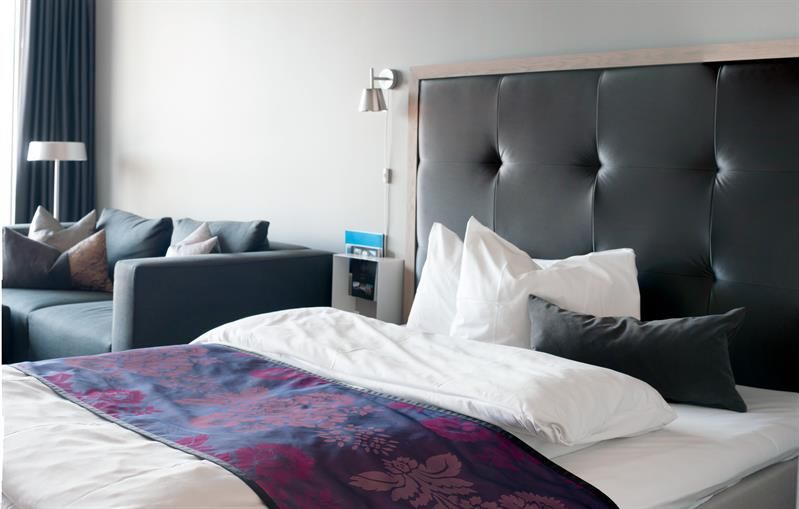 Junior suite, bed and couch, dark decor. Photo