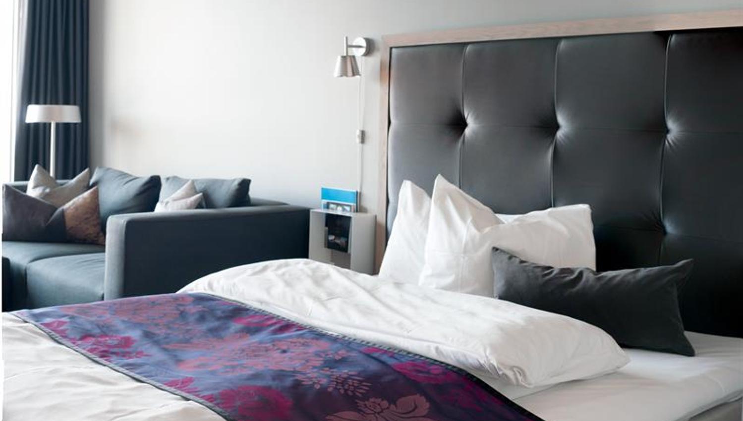 Junior suite, bed and couch, dark decor. Photo