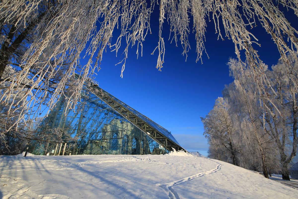 Domkirkeruinene vinter. Bilde tatt utenfra. Blå himmel.