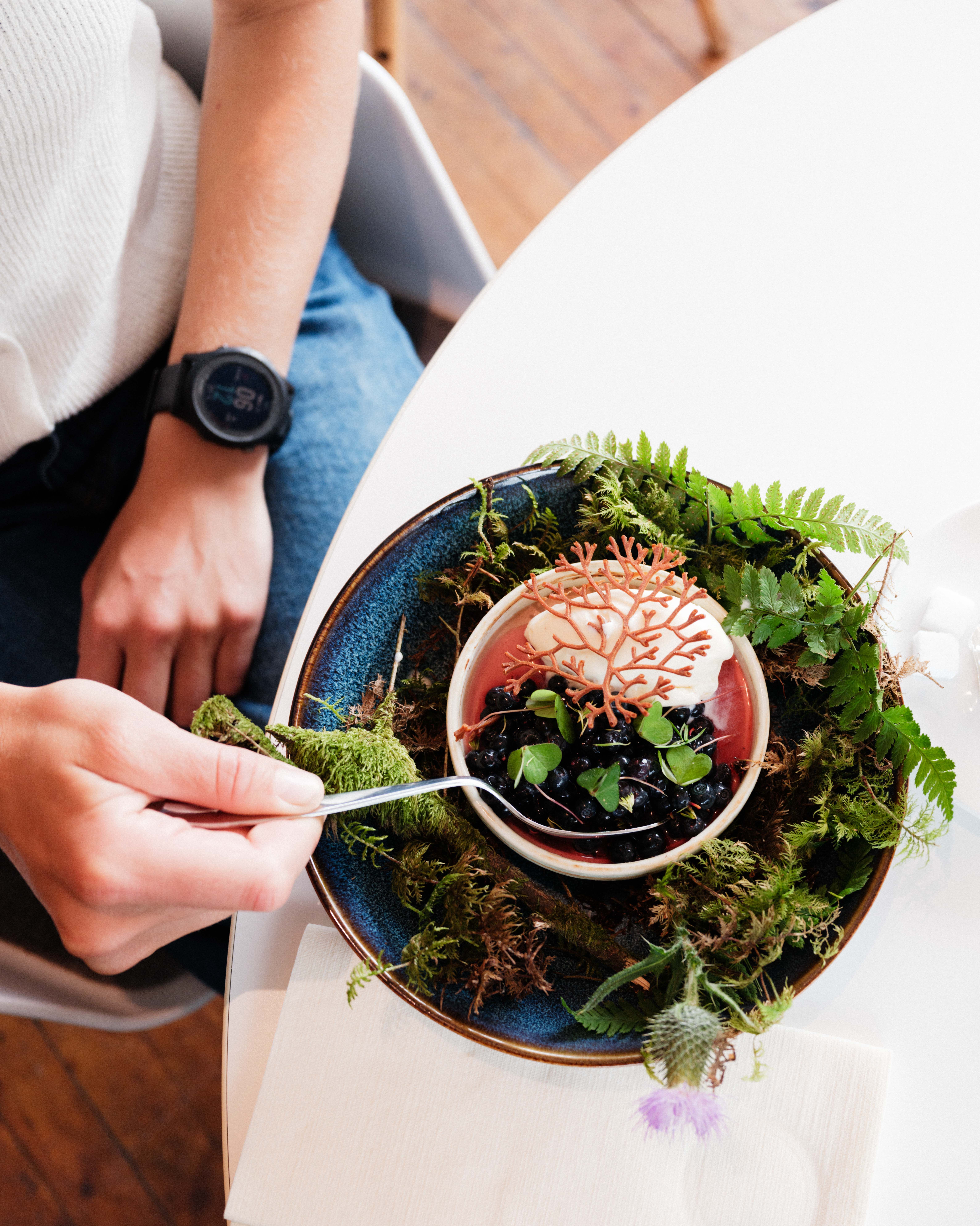 Creative dessert with blueberries, cream and forest-inspired decor – served at Gløyp Spiseri.