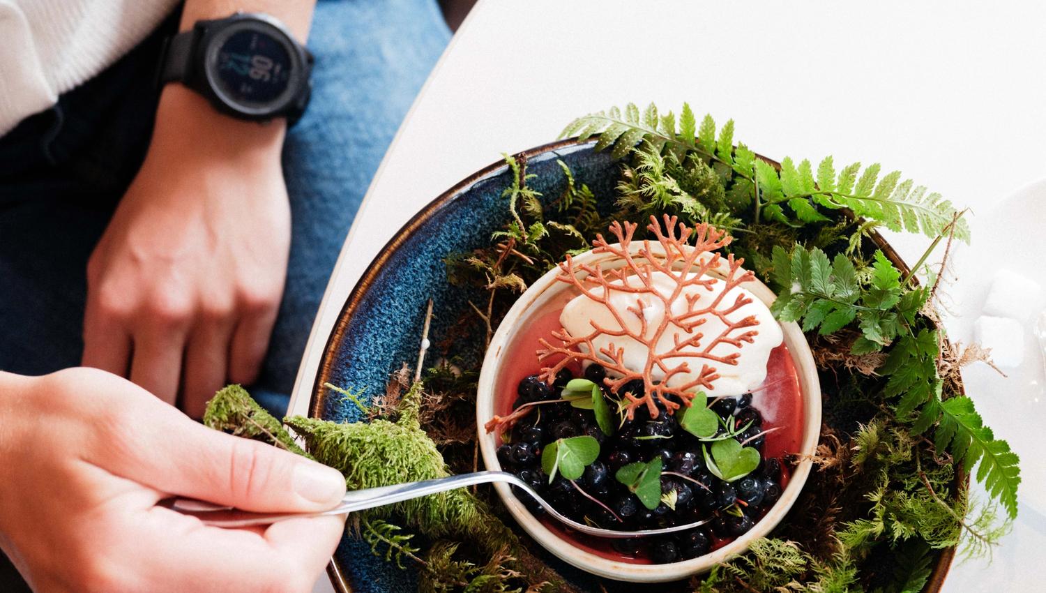 Creative dessert with blueberries, cream and forest-inspired decor – served at Gløyp Spiseri.