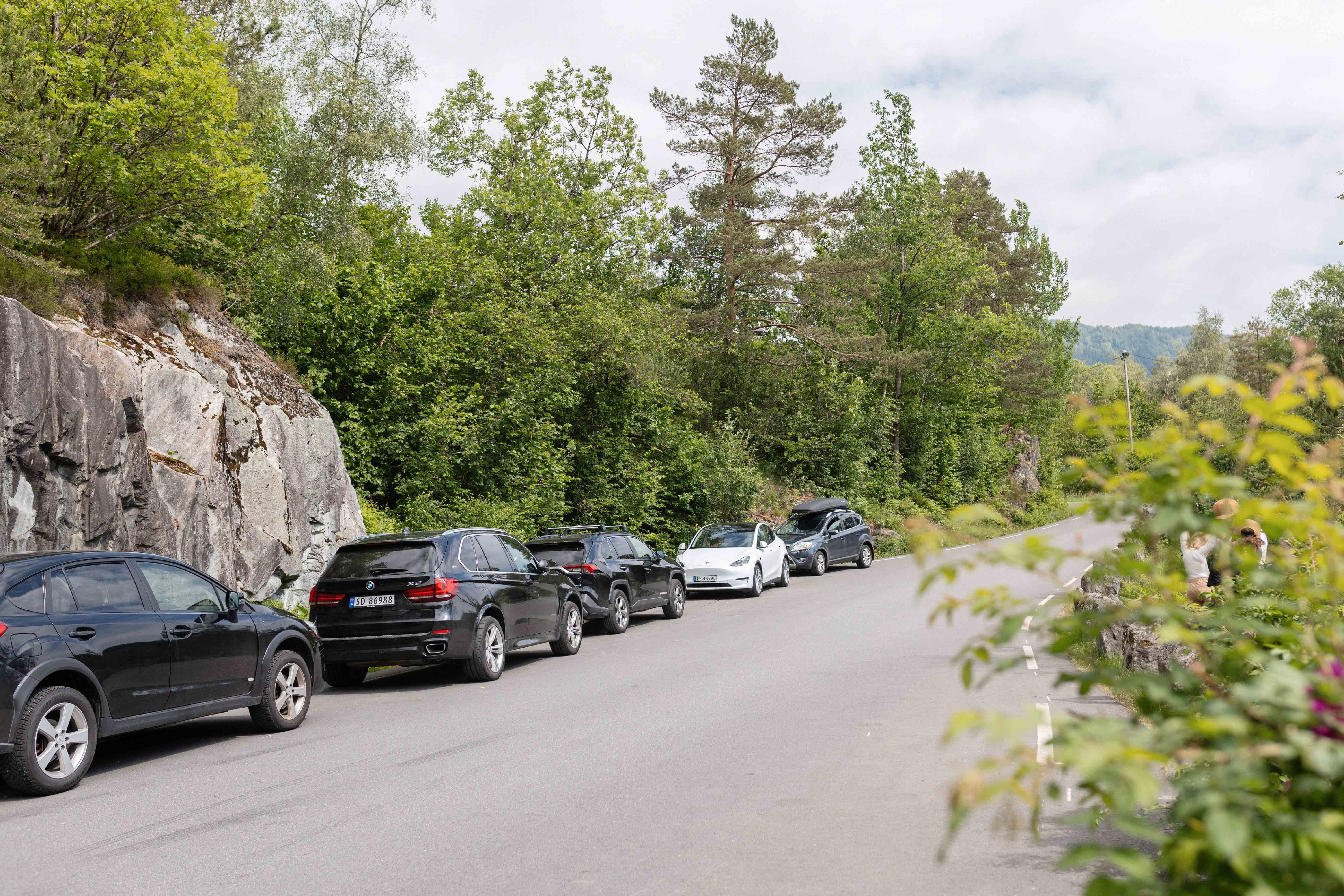 Bilar parkert langs vegkanten nær Gullfiskvatnet i Hardanger.