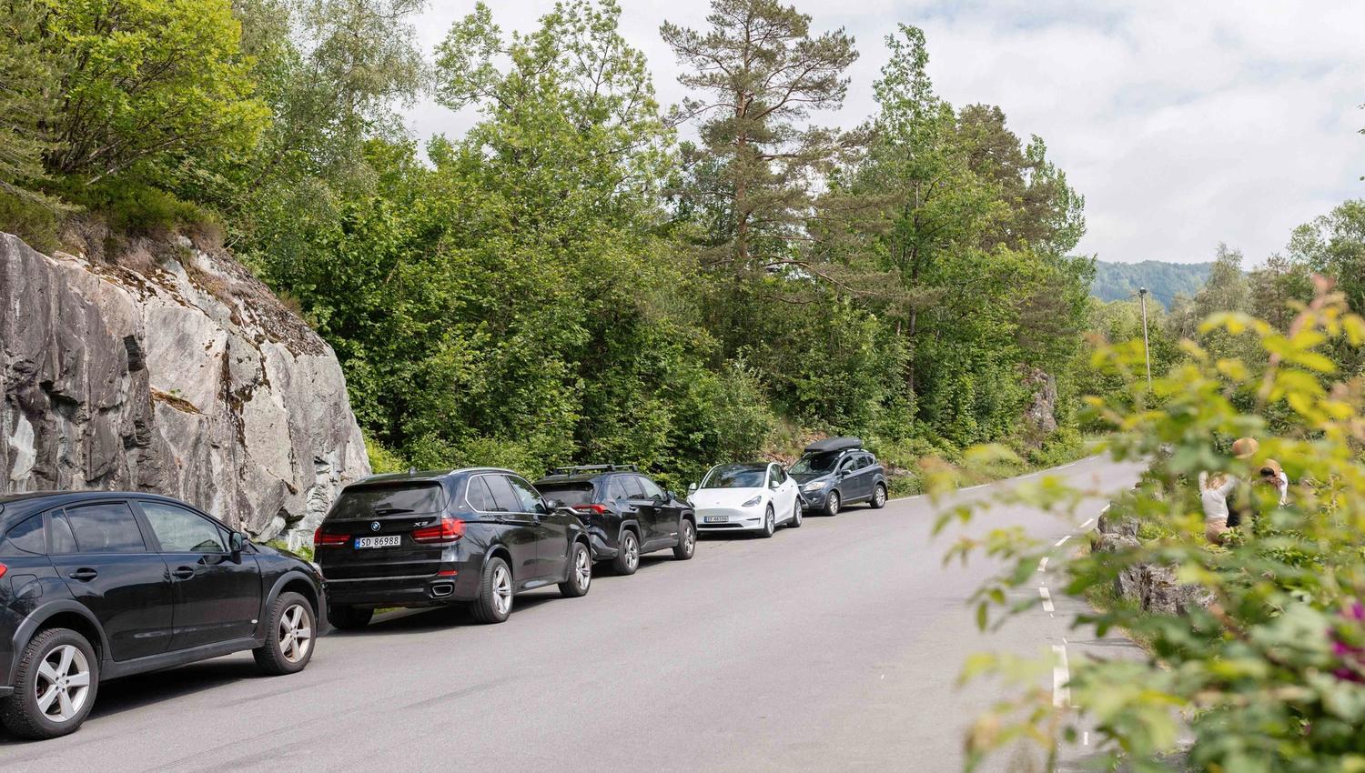 Bilar parkert langs vegkanten nær Gullfiskvatnet i Hardanger.