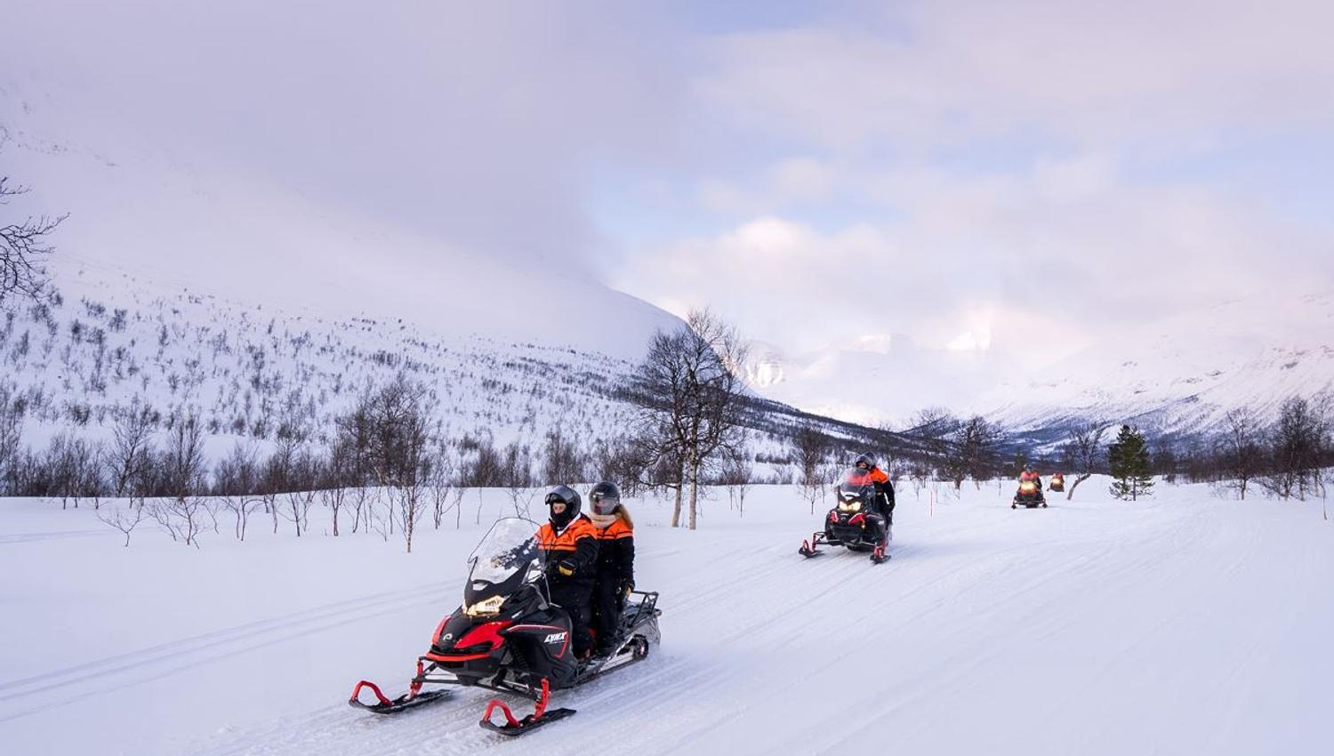 Snøscootertur i arktisk vinterlandskap i Tromsøregionen