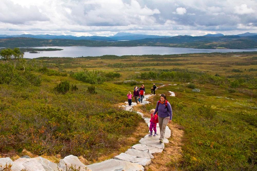 gruppe med voksne og barn som går på sherpastien
