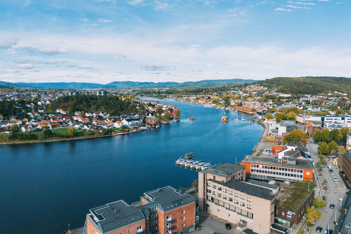 drone photo of Porsgrunn and the Porsgrunn River