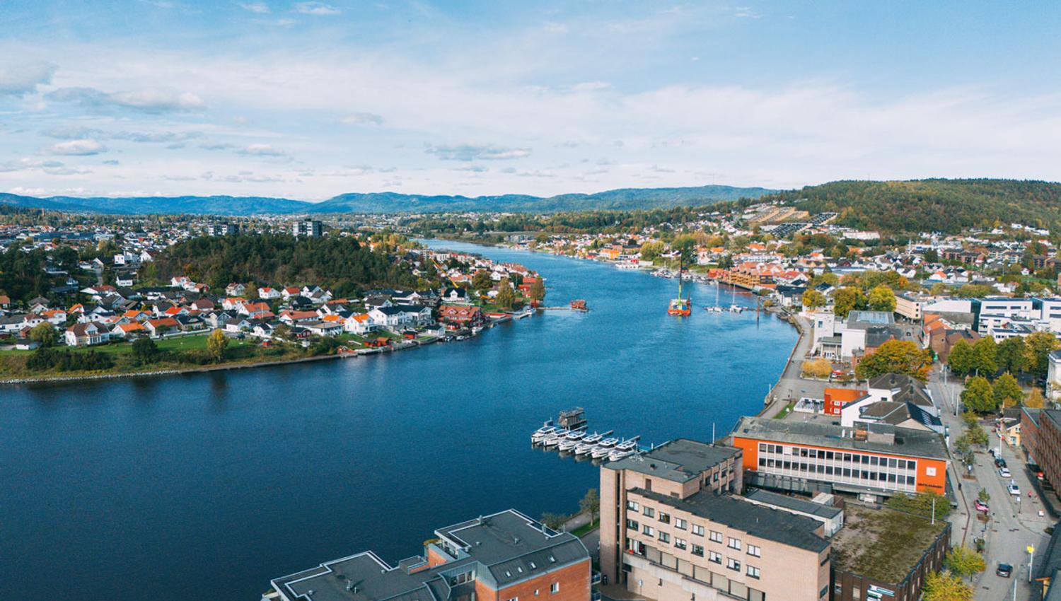drone photo of Porsgrunn and the Porsgrunn River