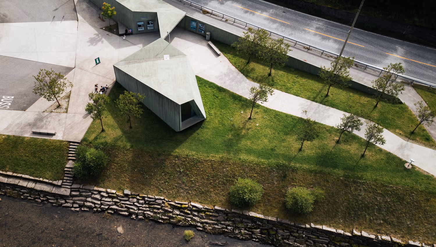 Modern visitor center at Steinsdalsfossen, featuring unique architecture and a scenic location.