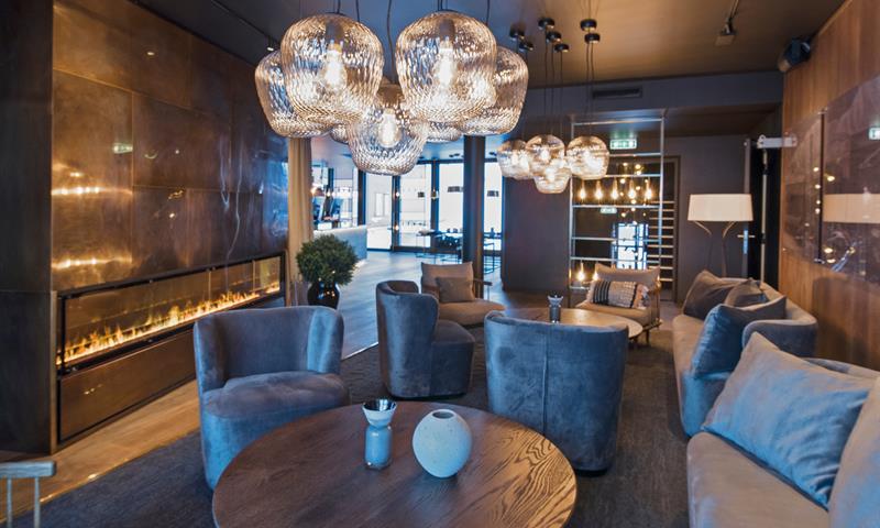 Sofas and chairs in a hotel lobby