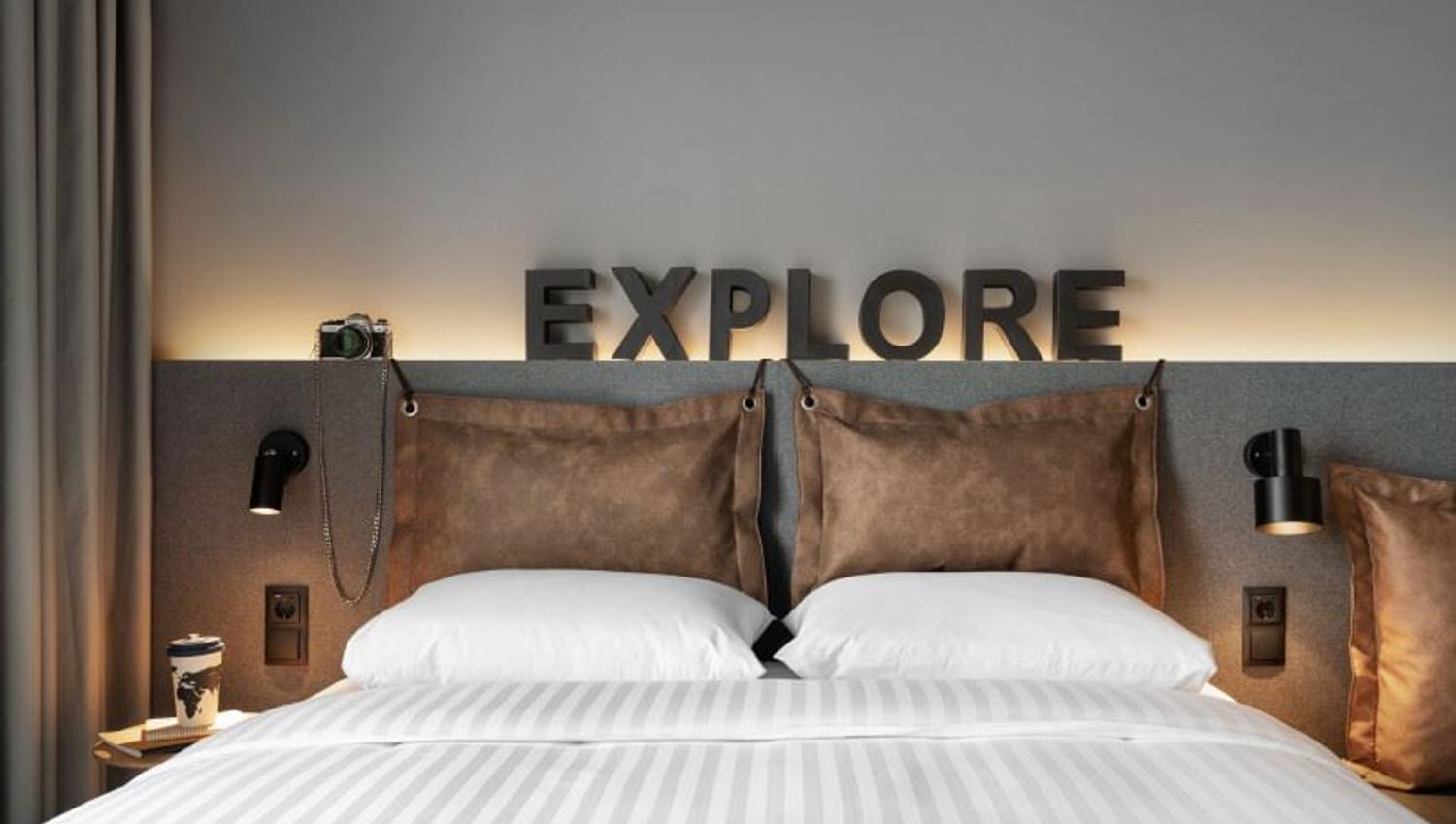 Bedroom at Moxy hotel.