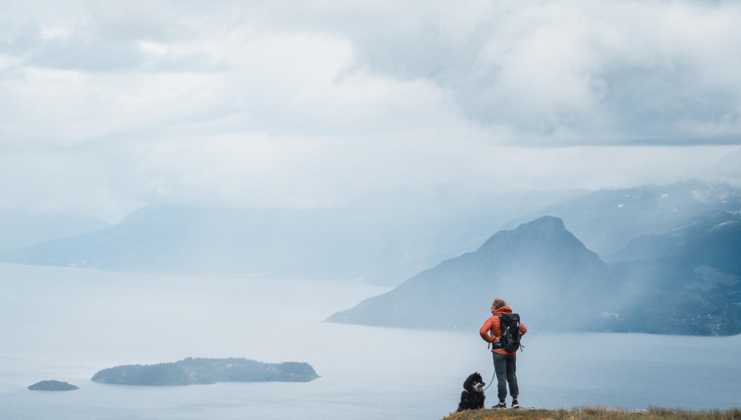 Woman and dog hiking in the mountains over the Hardangerfjord.