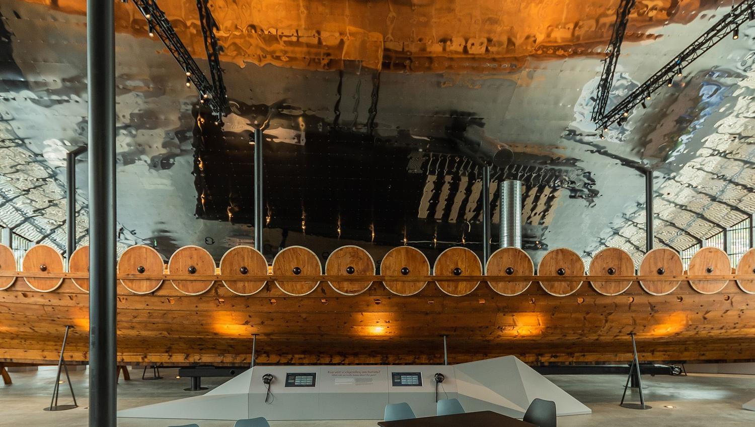 The 30-meter-long Myklebust Ship displayed inside Sagastad Viking Center.