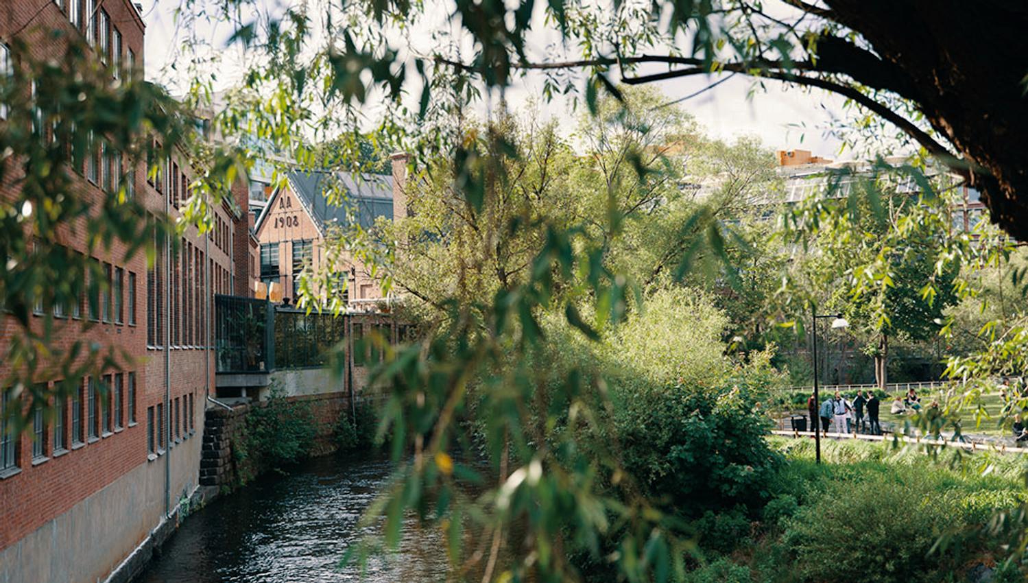 the akerselva river, park areas and old industrial buildings