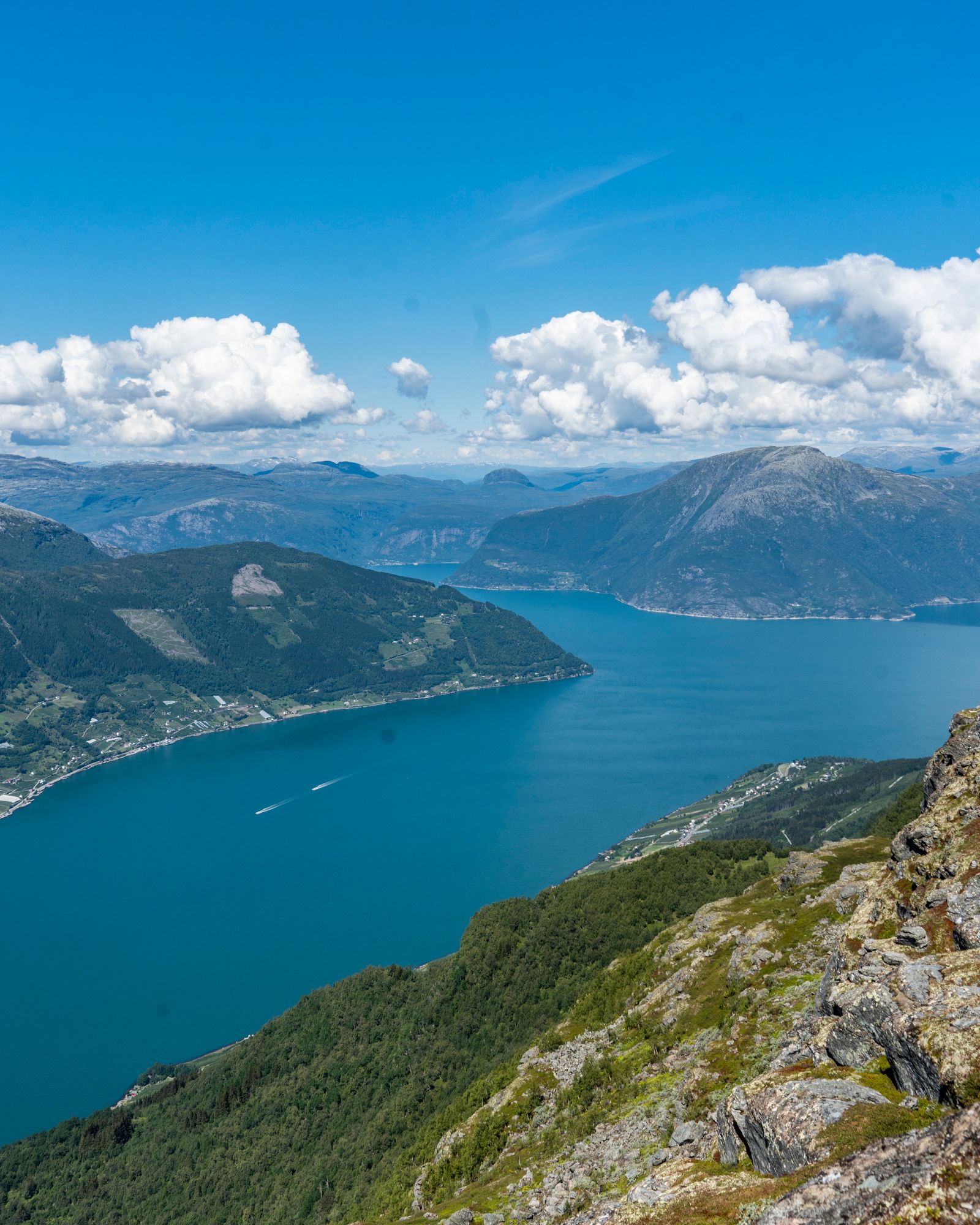 Panoramautsikt over Hardangerfjorden sett frå Dronningstien under ein klar, blå himmel.