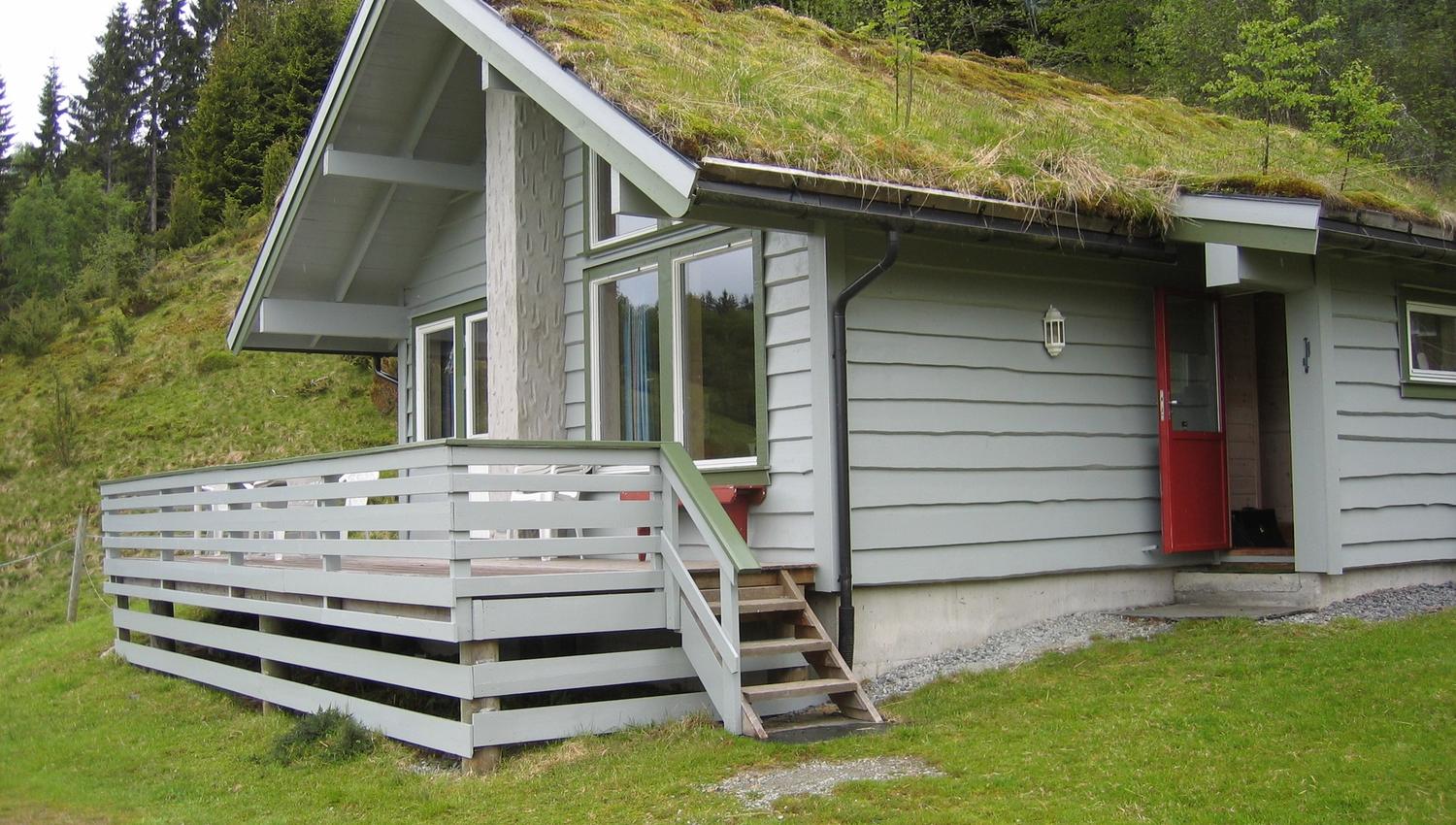 Traditional Norwegian cabin with a turf roof and spacious terrace, surrounded by stunning nature.