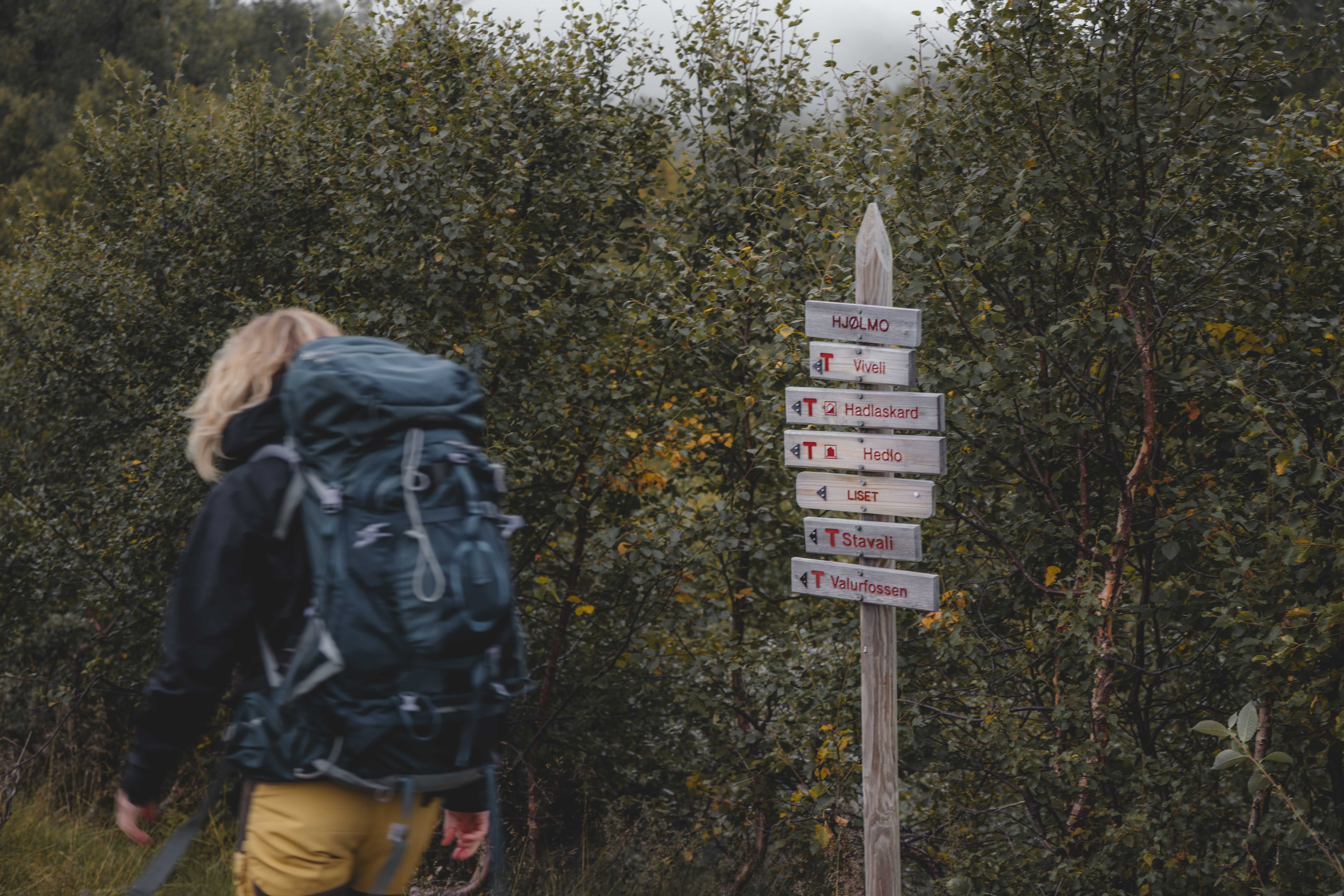 Eine Wanderin geht an einem großen Wegweiser mit mehreren Holzschildern vorbei.