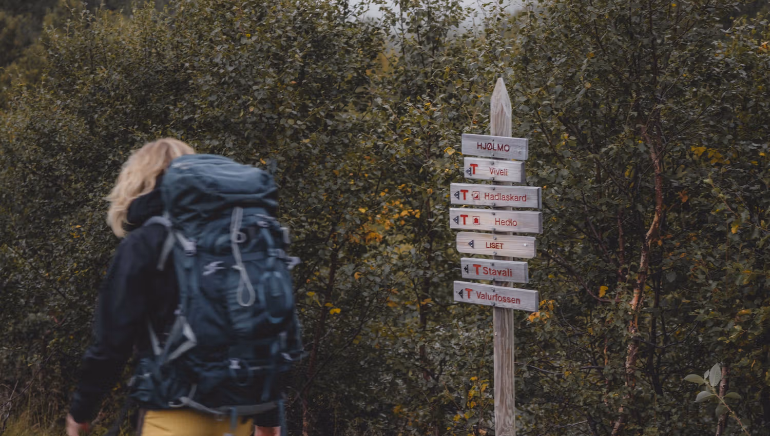 Eine Wanderin geht an einem großen Wegweiser mit mehreren Holzschildern vorbei.