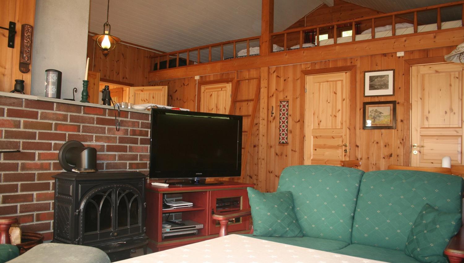 Traditional Norwegian cabin living – living room with a wood stove, green sofa, and wooden beams.