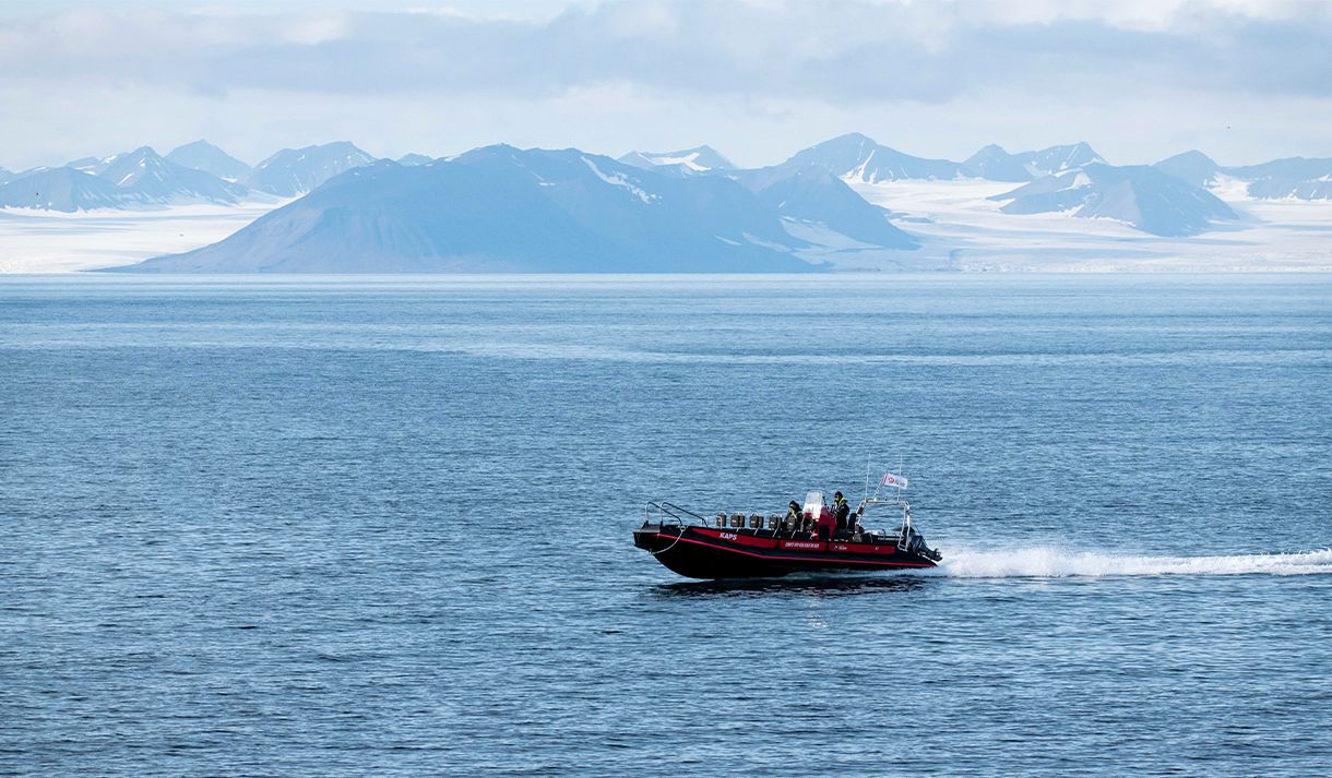 A RIB boat sailing across a vast open fjord with mountains and glaciers far away in the background