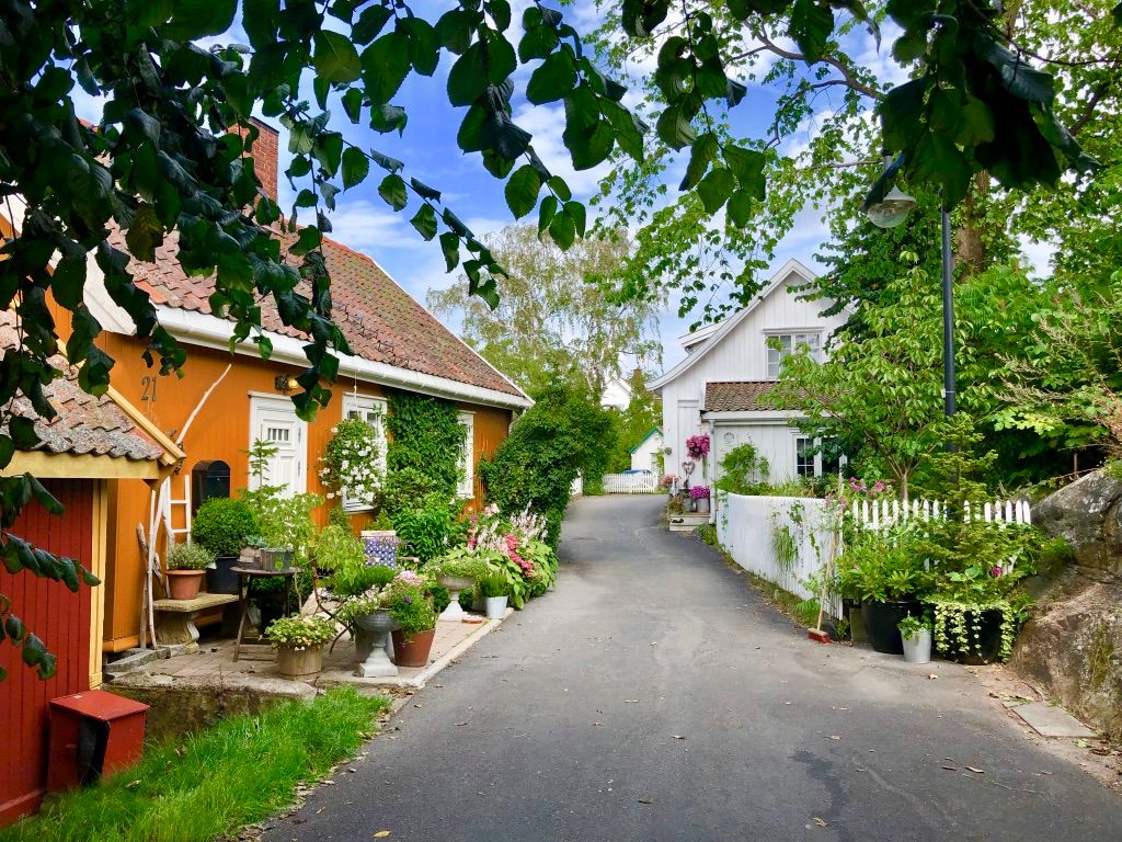 sommerbilde fra Drøbak med hus og blomster