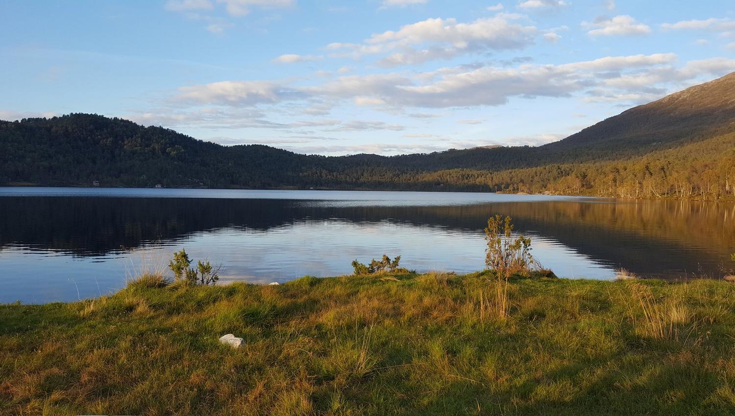Evening sun over calm waters at Folgefonn Farm Camping – a perfect end to the day in Hardanger.
