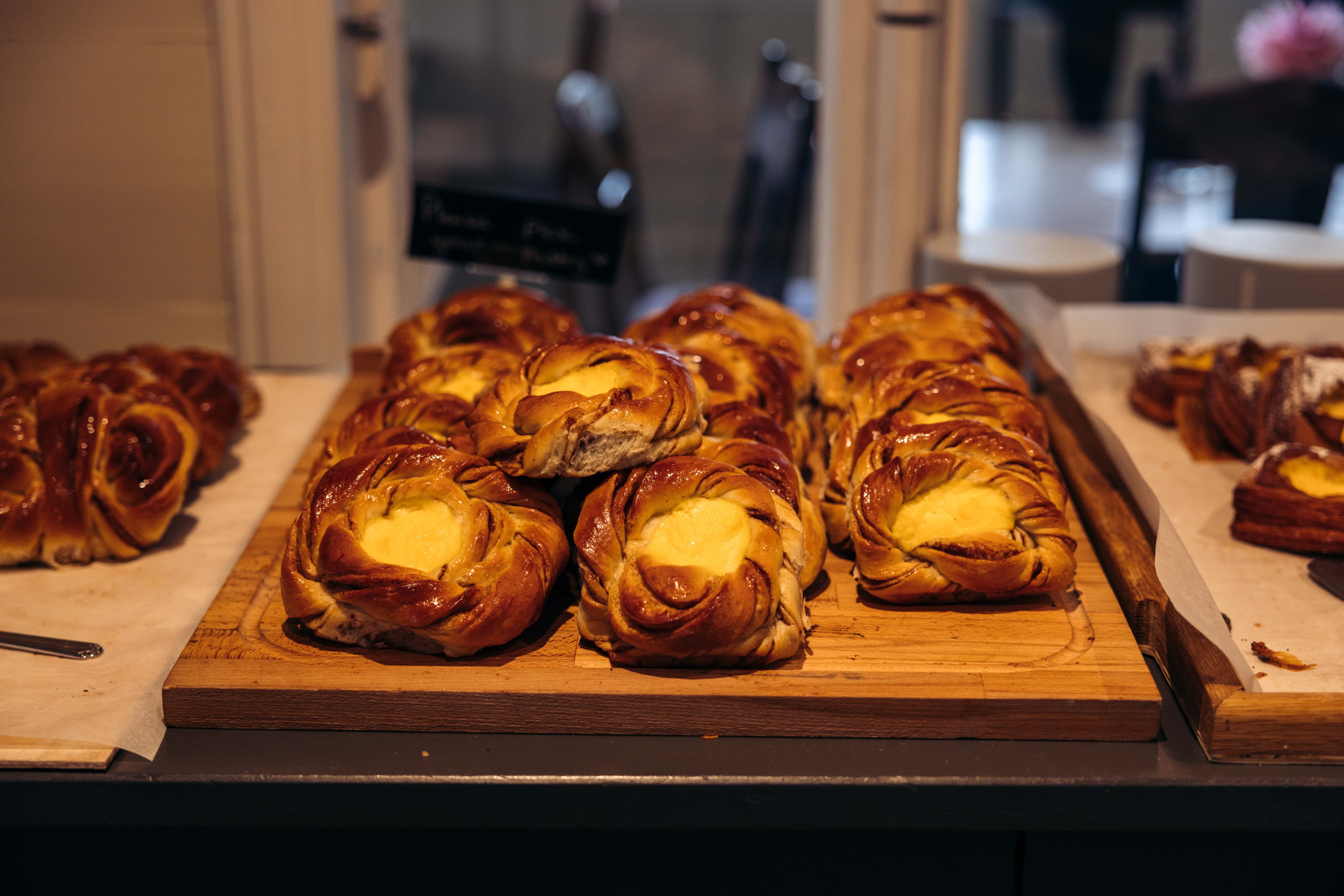 Freshly baked pastries on display.