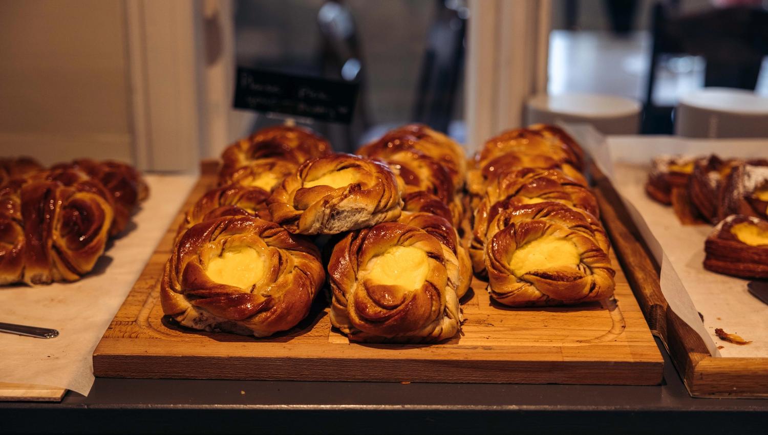 Freshly baked pastries on display.