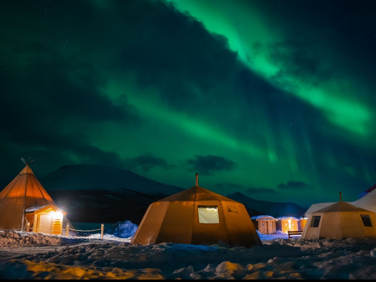 Northern Lights above lavvus and Tromsø Lapland’s Sámi camp in a snowy winter landscape near Tromsø.
