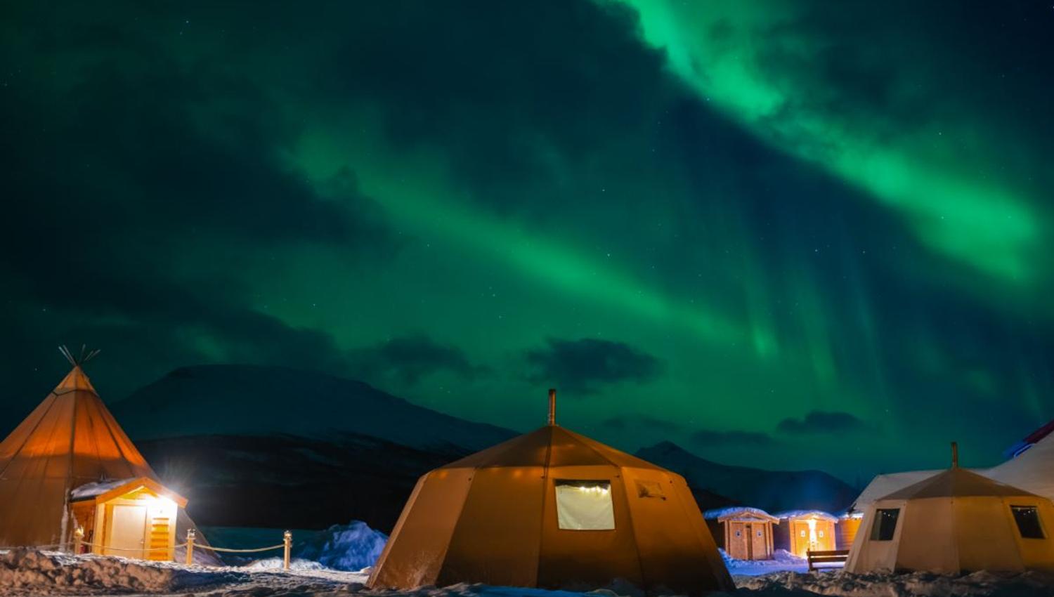Northern Lights above lavvus and Tromsø Lapland’s Sámi camp in a snowy winter landscape near Tromsø.