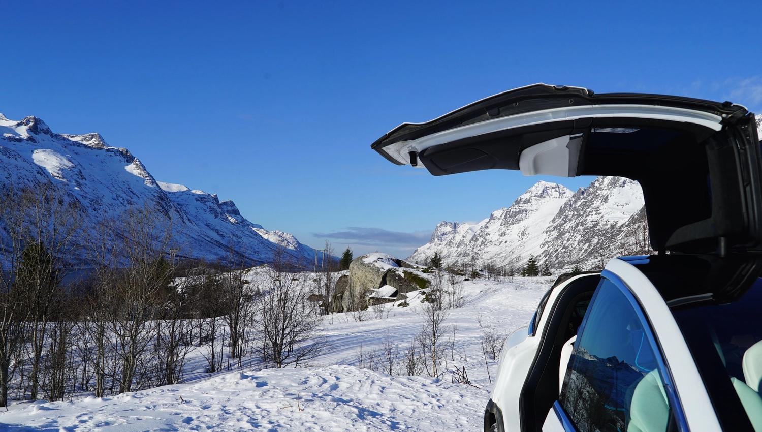 Tesla Model X in arctic winter landscape
