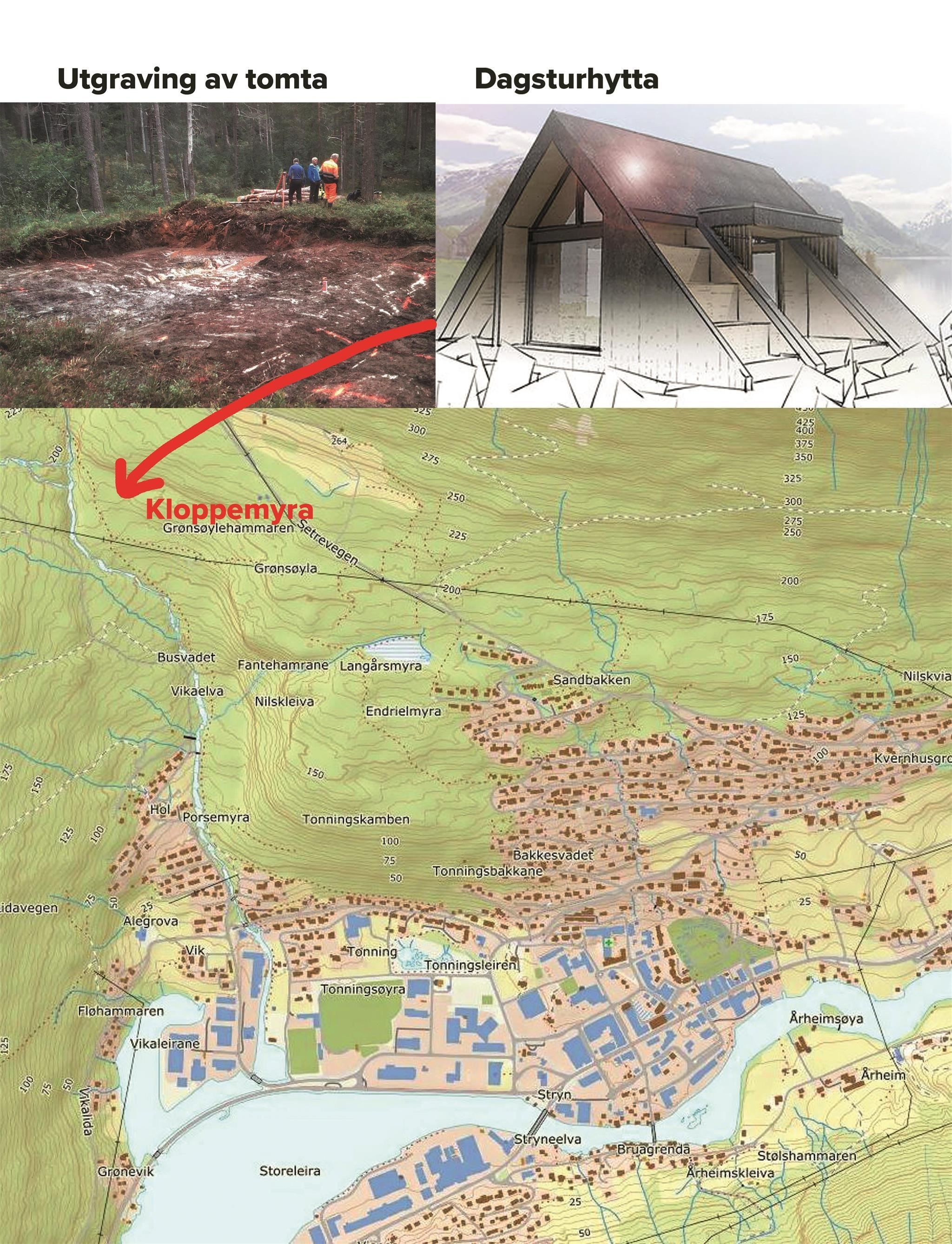Collage showing a topographic map with a red arrow to Kloppemyra and the day trip cabin in Stryn..