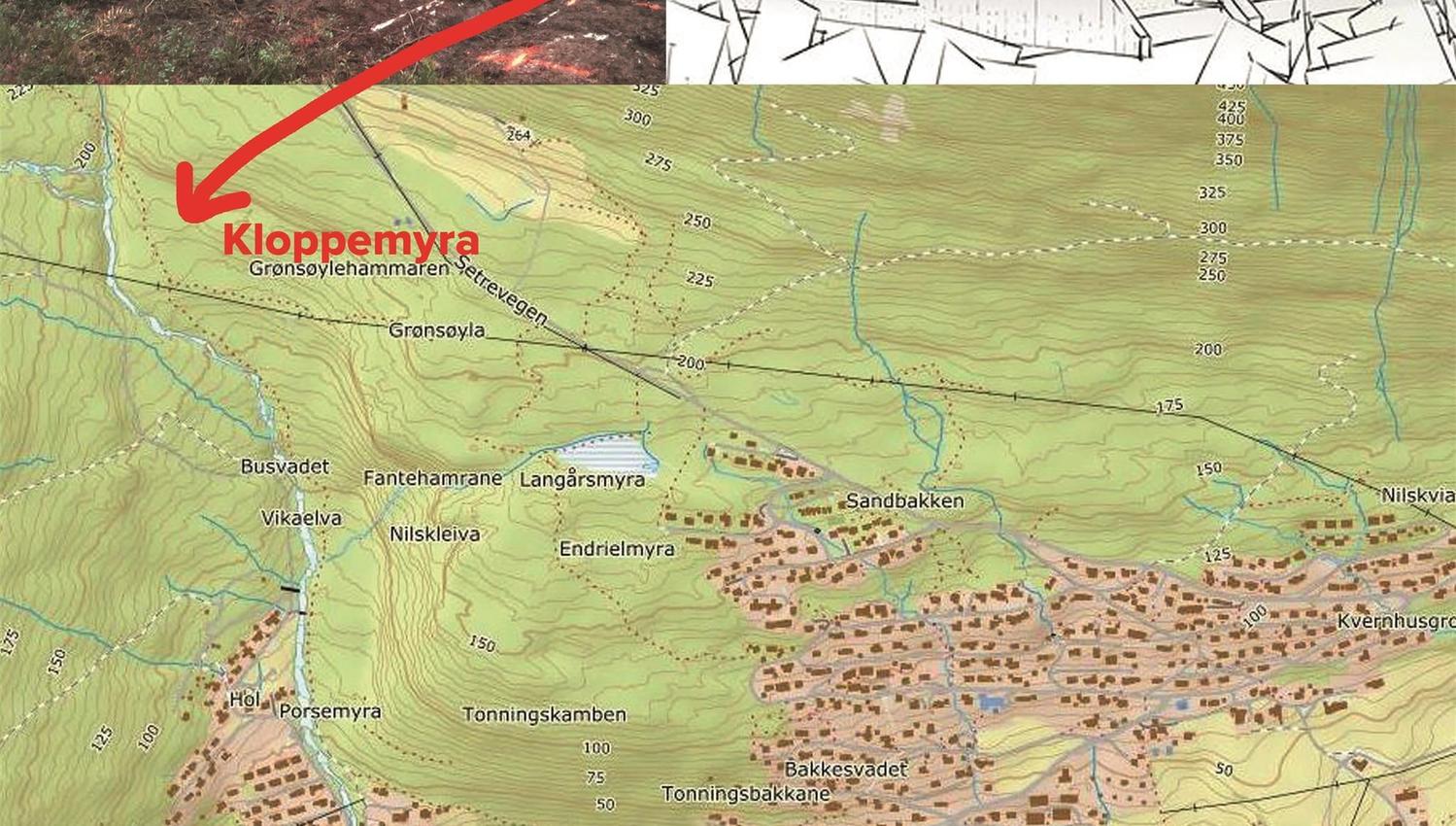 Collage showing a topographic map with a red arrow to Kloppemyra and the day trip cabin in Stryn..