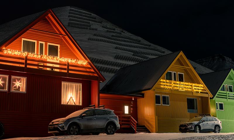 Colourful Arctic houses in Longyearbyen during winter