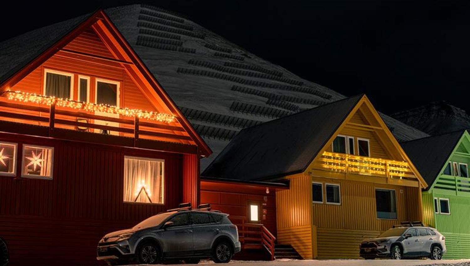 Colourful Arctic houses in Longyearbyen during winter