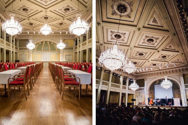 Two photos of a conference room; one where it is empty, and one where it is packed with people.