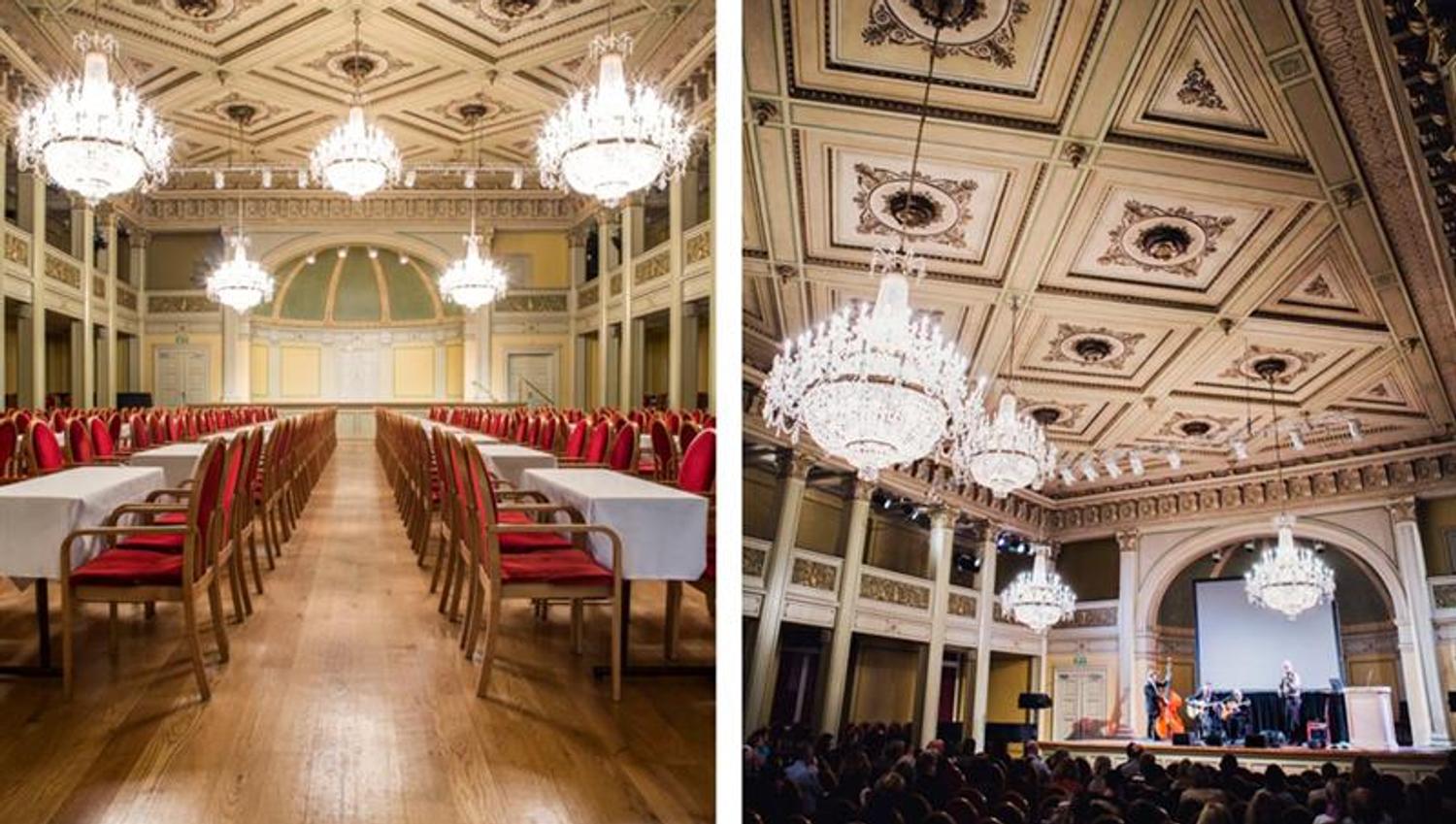 Two photos of a conference room; one where it is empty, and one where it is packed with people.