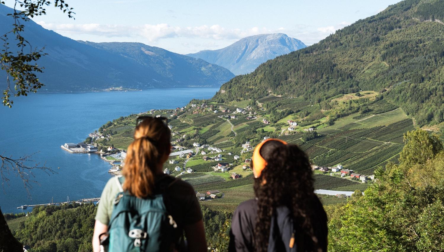 Two people looking at a view towards the Hardangerfjord and a village
