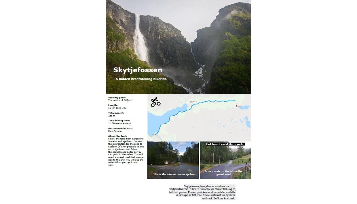 A poster describing the bike route from Eidfjord to Skytjefossen waterfall.