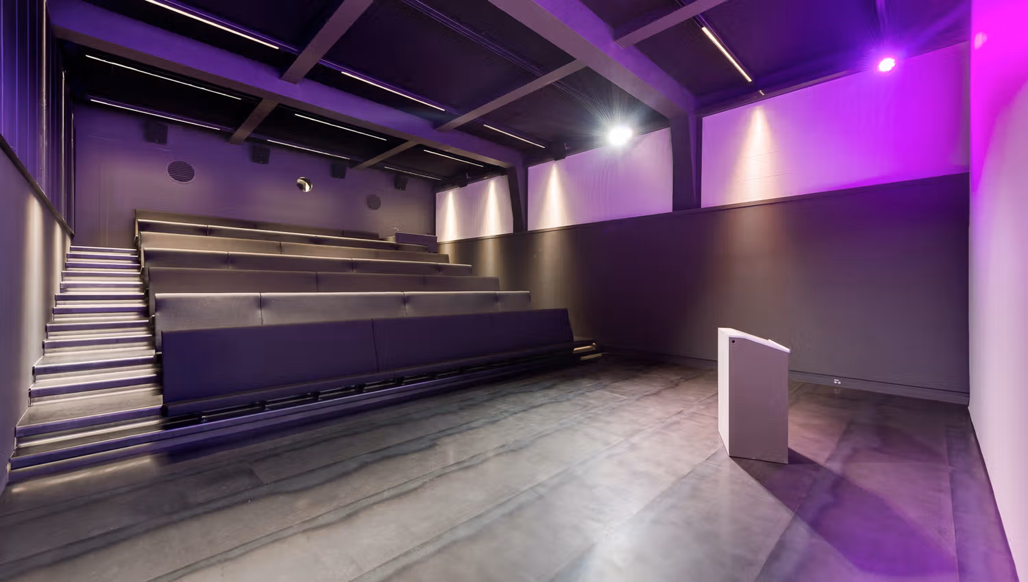 Cinema illuminated in a purple colour.