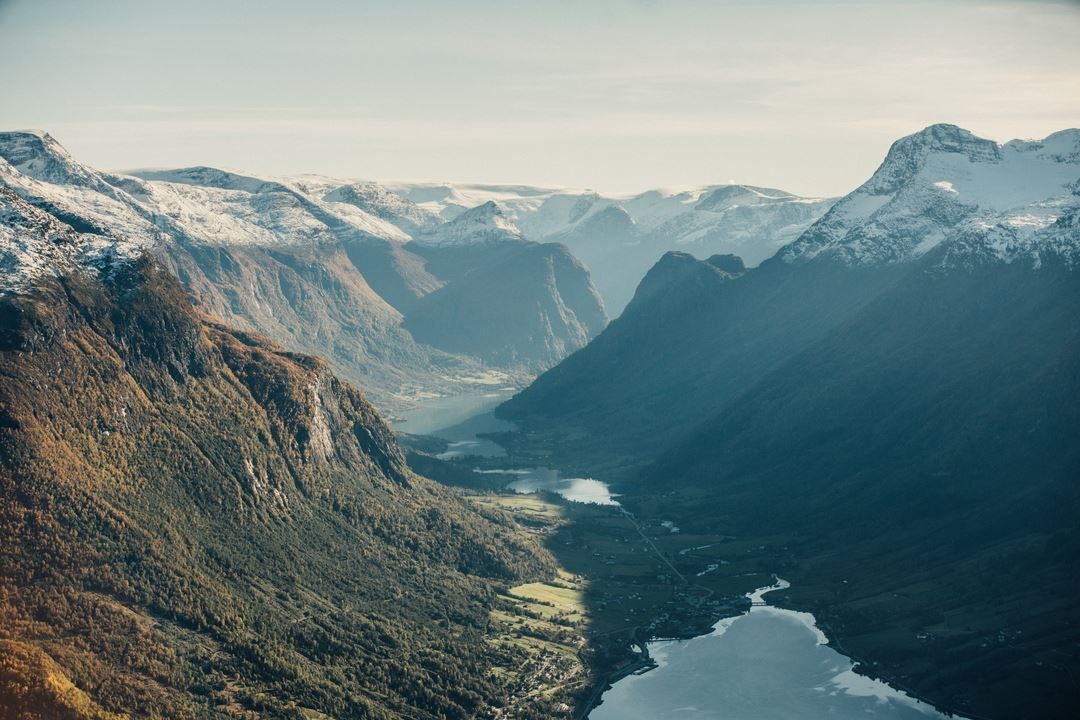 View of Olden and Oldedalen Valley seen from hike from Hoven Loen.