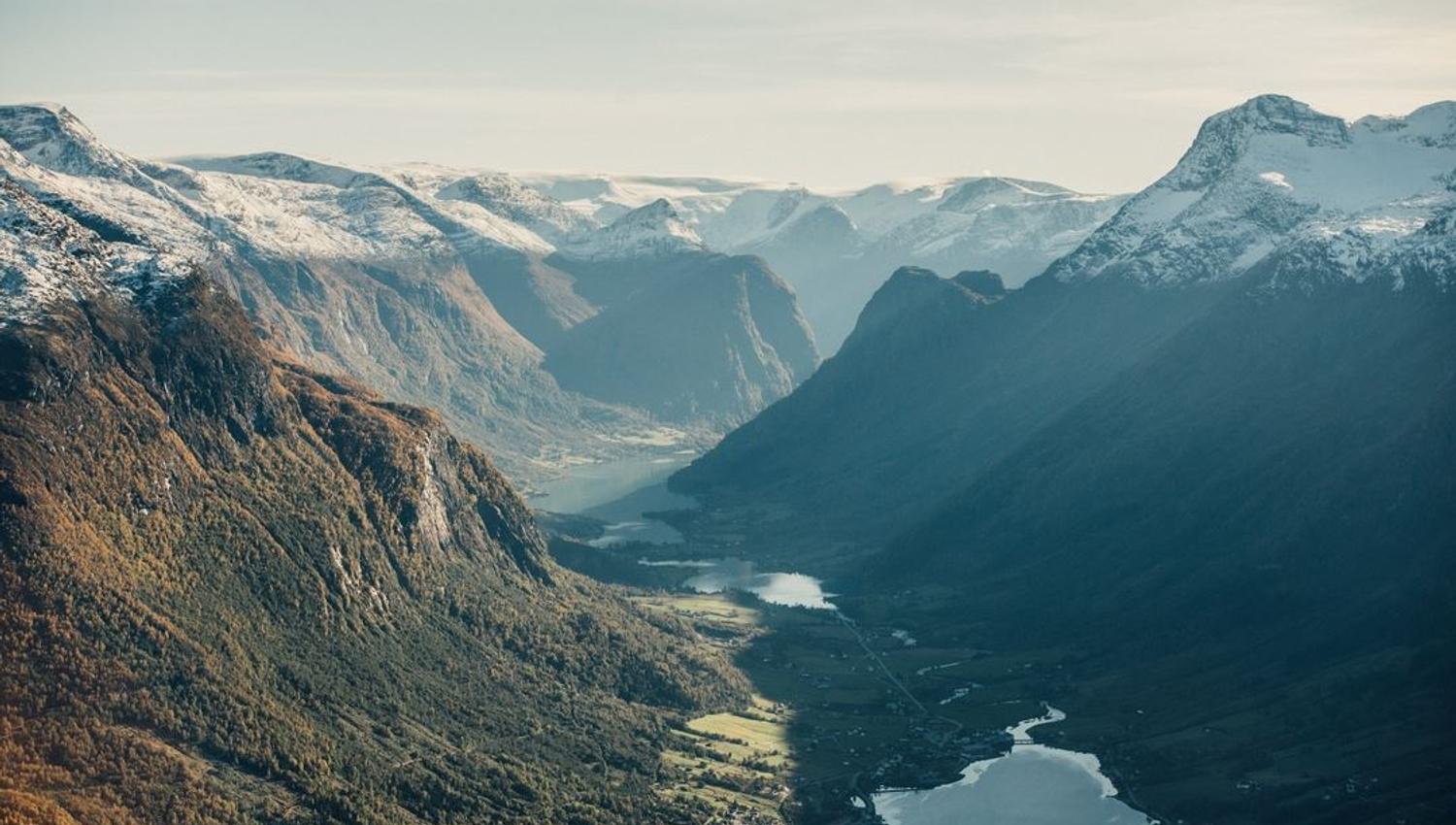 View of Olden and Oldedalen Valley seen from hike from Hoven Loen.