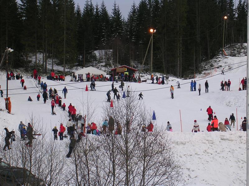 children's area with many children and parents skiing