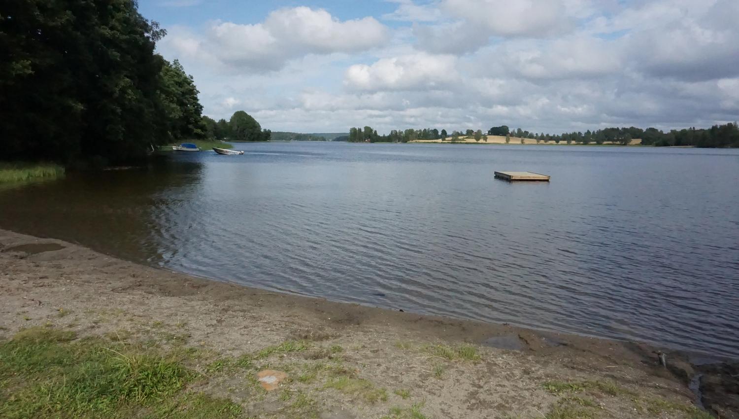 Strand med badebrygge i vannet