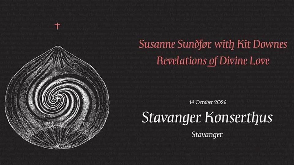 A minimalist concert design in black and grey featuring a spiral-shaped illustration, red typography and information about Susanne Sundfør with Kit Do
