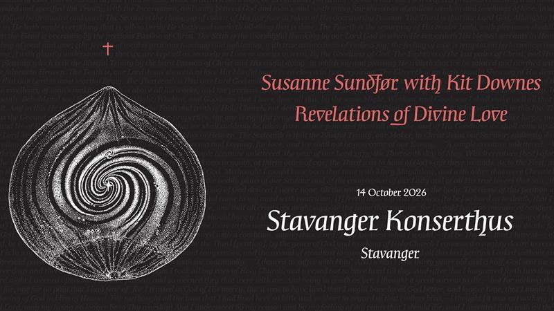 A minimalist concert design in black and grey featuring a spiral-shaped illustration, red typography and information about Susanne Sundfør with Kit Do